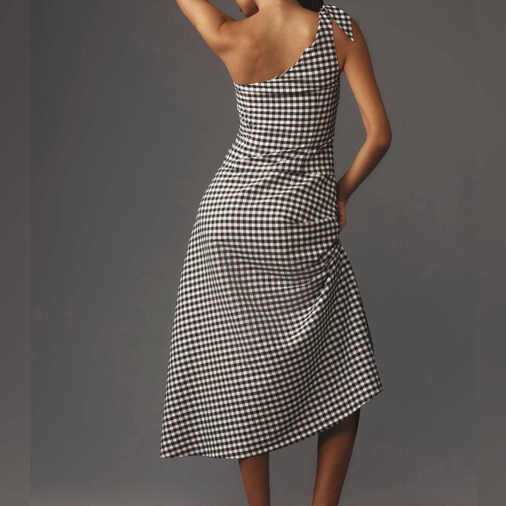 Anthropologie One-Shoulder Black Gingham Midi Dress Size Small - Picture 3 of 5